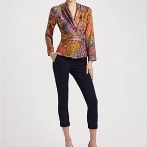 Etro silk colorful print pleated button front faux wrap blouse top size small